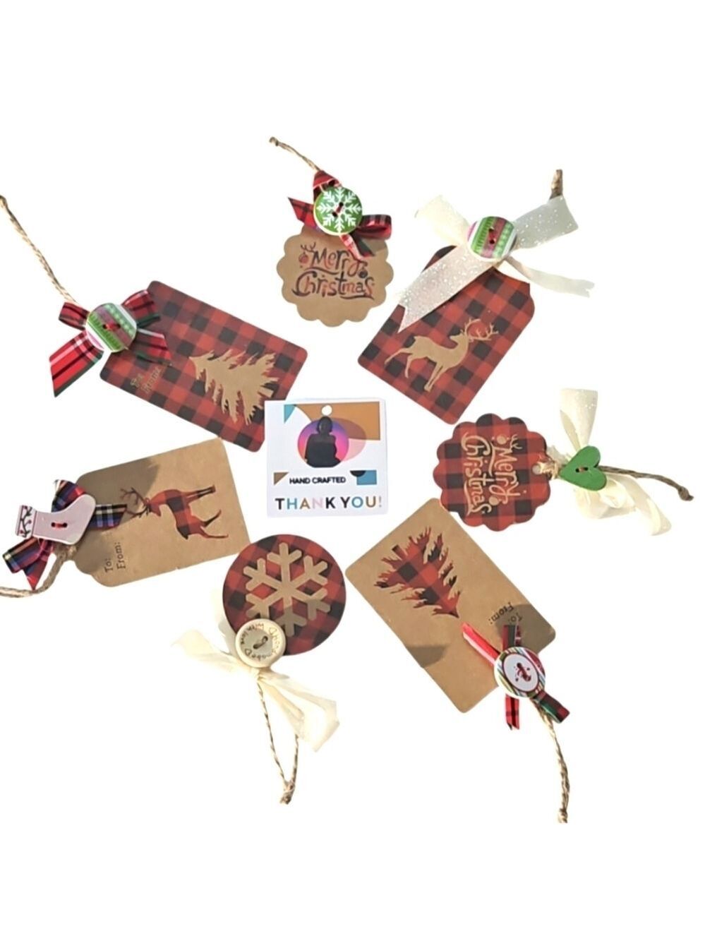 Handcrafted Upcycled Paper giftsTags Holiday red black plaid handmade 8ornaments